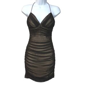 Ruched Mesh Halter Mini Dress XS‎ (4) Bodycon Witch Vamp Goth Y2K Nymph Coquette